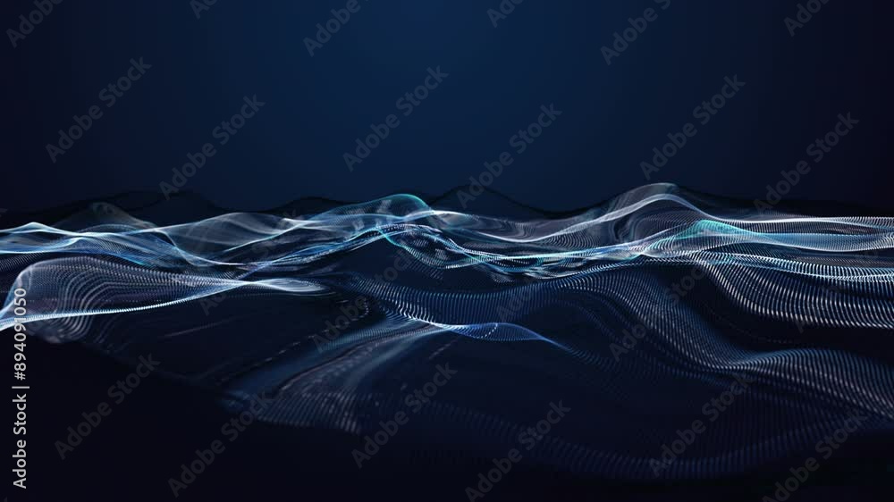 Poster futuristic video animation with particle wave object in slow motion and space for text, 4096x2304 lo