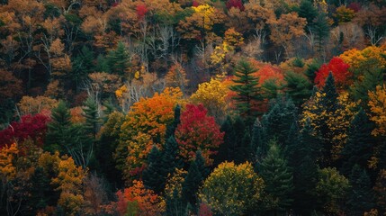 Beautiful forest landscape with a mix of evergreen and colorful deciduous trees