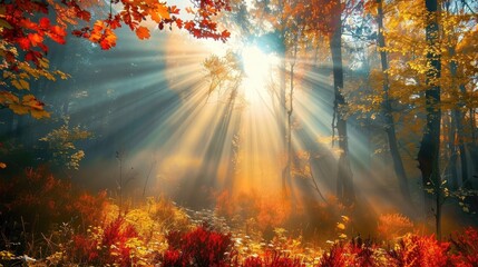Colorful forest with sunbeams filtering through the autumn leaves