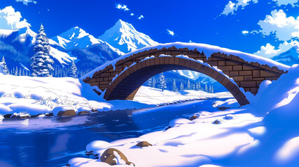 A serene snowy mountain landscape featuring a stone bridge over a river, with majestic mountains in the background.
