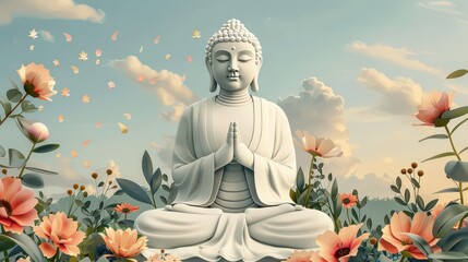 Fototapeta premium Peaceful Buddha statue in a serene garden setting, surrounded by blooming flowers. Cartoon illustrations vectors
