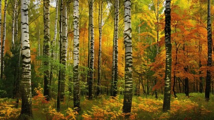 Obraz premium Lush forest with trees adorned in bright green and golden foliage