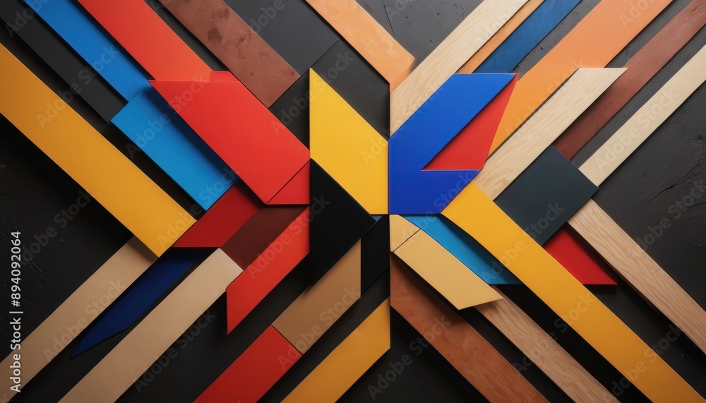 Poster abstract geometric pattern with colorful shapes and wooden elements.