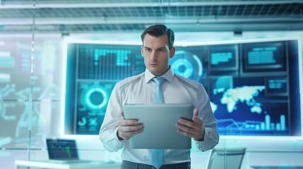 Business Analyst with Reports and Charts in High Tech Office Concept