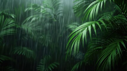 Lush Green Tropical Rainforest with Palm Leaves in Heavy Rainfall Creating a Serene and Refreshing Natural Atmosphere