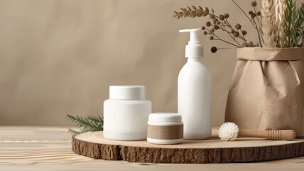 Minimalist Natural Skincare Products on Wooden Surface with Dried Floral Arrangement in Background