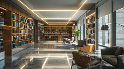 modern corporate library with sleek shelves, digital catalogs, and comfortable reading nooks