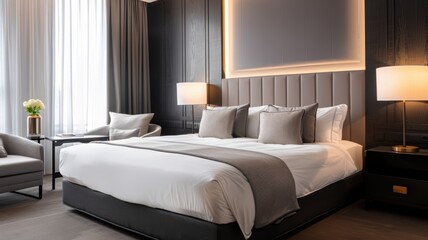 Fototapeta premium Modern Luxury Hotel Room with Elegant Interior Design and Cozy Ambiance