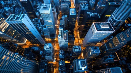 Fototapeta premium Aerial View of Modern Cityscape with Illuminated Skyscrapers at Night