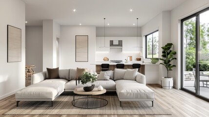 Fototapeta premium Modern Minimalist Living Room with Open Kitchen and Natural Light