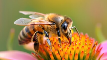 Fototapeta premium Close-Up of a Honeybee Collecting Nectar from a Vibrant Flower in a Sunlit Garden
