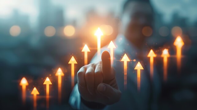 Businessman Pointing at Growing Graph Arrows