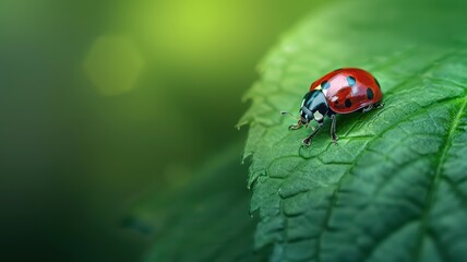 Naklejka premium Close-up of a Vibrant Red Ladybug on a Green Leaf in a Natural Outdoor Setting
