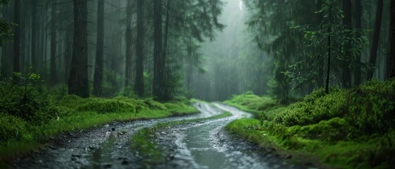 Fototapeta premium Misty Forest Path in Rainy Weather with Lush Greenery and Tall Trees