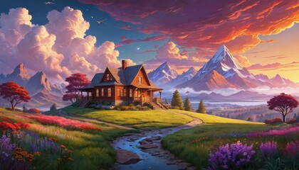 Naklejka premium Mountain Cabin Sunset.