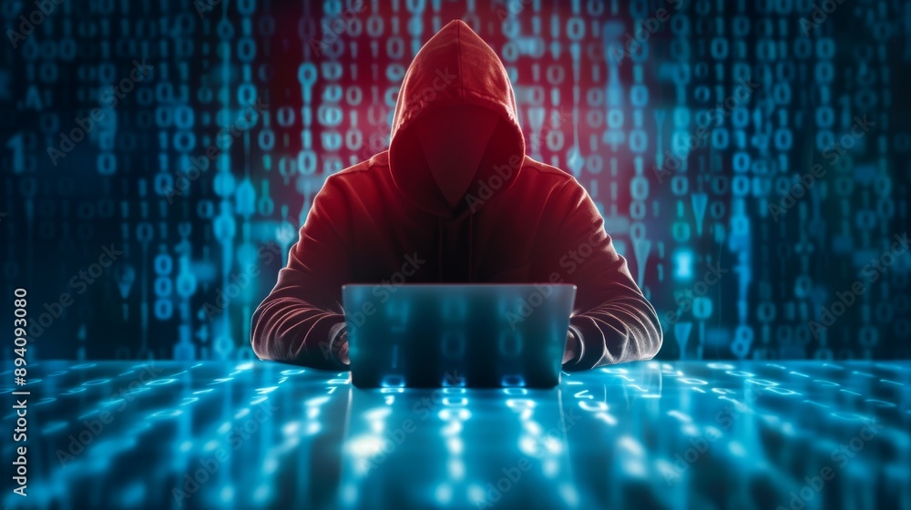 Poster hacker in red hoodie using laptop