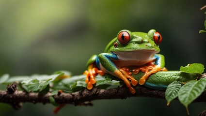 Naklejka premium Red-Eyed Tree Frog on Branch: A vibrant red-eyed tree frog perched on a branch, showcasing its striking colors and captivating gaze, against a backdrop of lush green foliage. The image captures the be