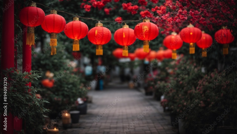 Poster lantern-lit path to prosperity: a mesmerizing display of traditional red lanterns illuminating a bus