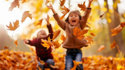 Kids jumping in a pile of leaves, fun, autumn