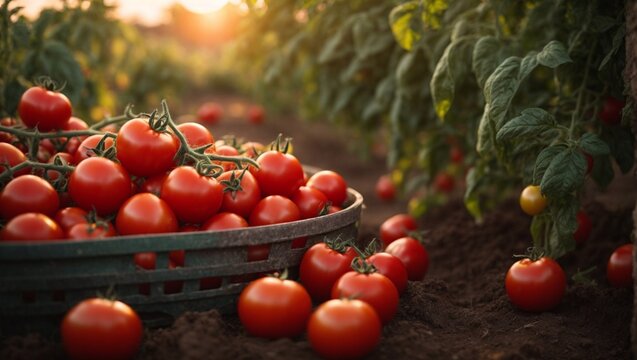 Tomato Harvest at Sunset: A bountiful basket of ripe red tomatoes rests amidst a lush green tomato field, bathed in the golden glow of the setting sun,  a visual ode to the fruits of labor and the bea
