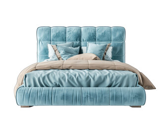 Obraz premium Modern light blue bed with a soft headboard isolated on a white background, PNG transparent background