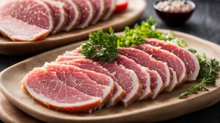 Fototapeta premium Sliced Pork Tenderloin: A plate of thinly sliced, juicy pork tenderloin garnished with fresh parsley, ready to be enjoyed. Perfect for a gourmet meal or a special occasion. 