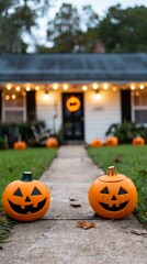 Halloween decorations in a suburban neighborhood, festive, community