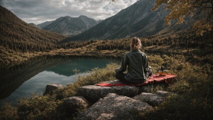 Fototapeta premium Serene Mountain Meditation: Finding peace amidst nature's grandeur, a woman meditates by a tranquil mountain lake. 