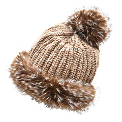 Warm knitted winter hat with faux fur pom-poms and trim in beige color, perfect for cold weather and stylish outdoor activities.
