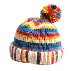 Colorful knit beanie with vibrant stripes and pom-pom, perfect for winter fashion and staying cozy in cold weather.
