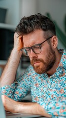 Obraz premium Man sitting at a desk with neck pain, poor posture, office ergonomics