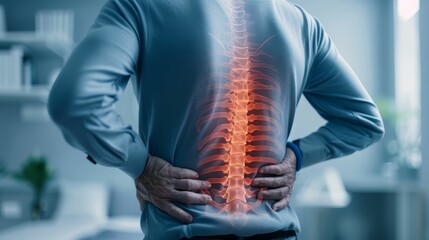 Man with a back injury using a heating pad, pain relief, therapy