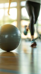 Woman in a gym doing balance exercises with a medicine ball, stability,