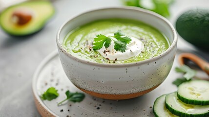 A refreshing avocado and cucumber gazpacho with a dollop of sour cream and cilantro.