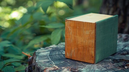 Wooden cube focal point green notebook
