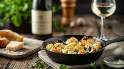 Baked New Zealand green-lipped mussels in a cast-iron skillet with Parmesan and herb crust.