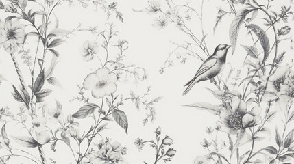  A delicate hand-drawn pattern of botanicals and birds, arranged in an elegant combination with subtle shading for depth. floral line art, floral patterns, seamless patterns, large flowers, background