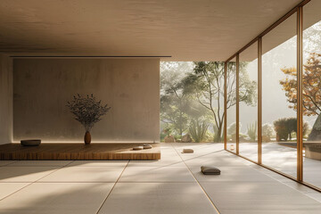 Yoga space meditation area, calm zen space to meditate, calming background sunlight, yogi relaxing studio, relax, generated ai
