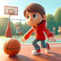 Boy Playing Basketball 3D Digital Illustration for Children's Books Sports Activity Representation Focused Expression