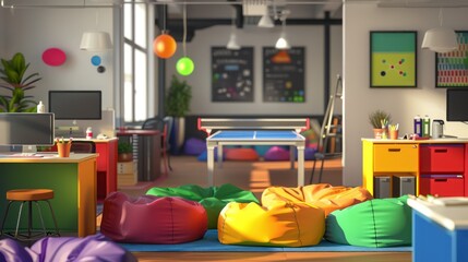 vibrant startup office space with colorful desks, bean bags, and a ping pong table in the background