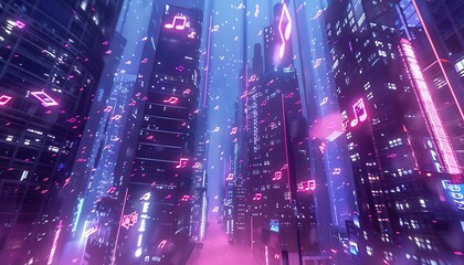 Obraz premium Neon Cityscape with Music Notes