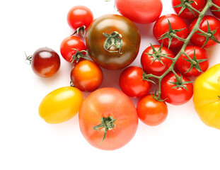 Different fresh tomatoes on white background