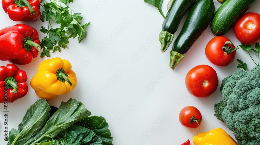 Poster top view photo of organic vegetables on white background symbolizing balanced diet with empty space 