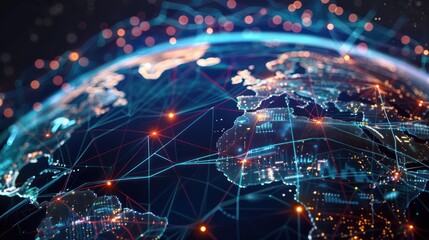 virtual globe showing live updates of stock exchanges around the world, with glowing connections between major financial cities