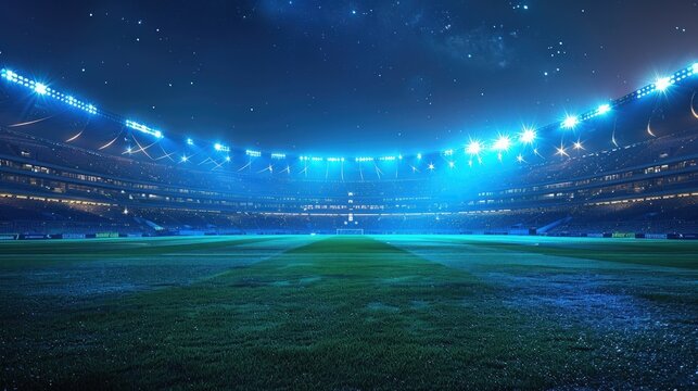 Beautiful sports stadium with a green grass field shines with blue spotlights at night with stars.