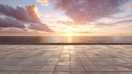 Empty floor on coastline with sky clouds at sunrise