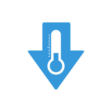 blue down arrow with thermometer sign, climate control, weather change, winter low temperature, flat vector bicolor icon