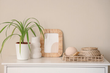 Tray with Palo Santo, air humidifier, frame and plant on commode near beige wall