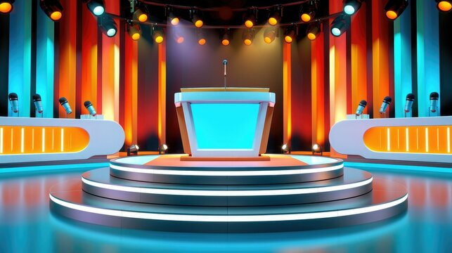 Modern quiz show studio set with vibrant lights, podium, and contestant booths, perfect for game show themes and media productions.