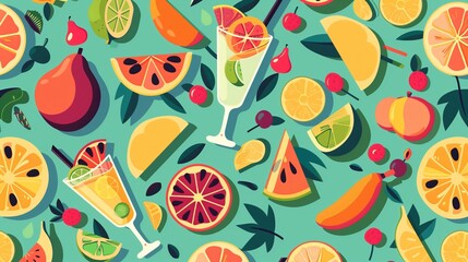 A vibrant summer pattern of colorful fruits and refreshing drinks like watermelons, lemons, and cocktails!